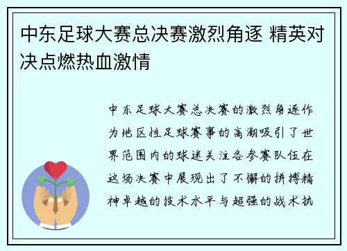 中东足球大赛总决赛激烈角逐 精英对决点燃热血激情