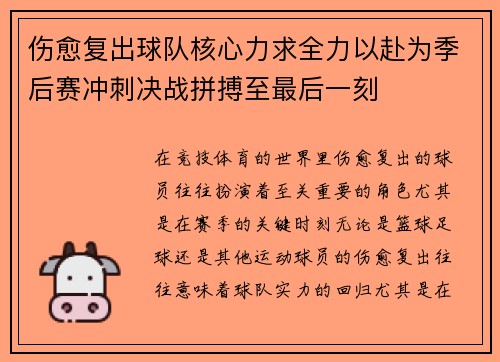 伤愈复出球队核心力求全力以赴为季后赛冲刺决战拼搏至最后一刻
