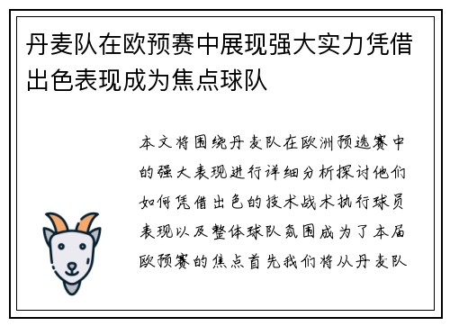 丹麦队在欧预赛中展现强大实力凭借出色表现成为焦点球队